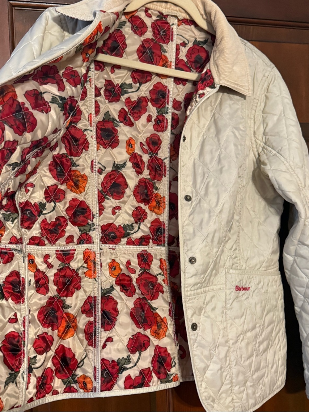 Barbour Cream Quilted Jacket with Cord Collar and Floral Lining - Picture 2 of 7